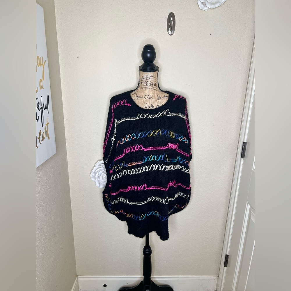NTM Easel Oversized Boho Stitch Sweater Multicolor Crochet Striped M/L Slouchy